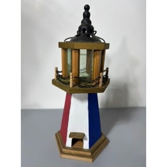 Vtg Wooden Lighthouse Candle Holder Glass Panels Nautical Decor - Picture 1 of 7